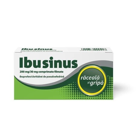 Ibusinus, 200 mg/30 mg, 20 comprimate filmate. Răceală și gripă, antiinflamator, analgezic, antipiretic