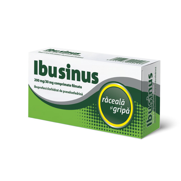 Ibusinus, 200 mg/30 mg, 20 comprimate filmate. Răceală și gripă, antiinflamator, analgezic, antipiretic