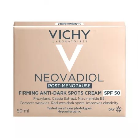 Crema de zi cu efect de fermitate si anti-pete pigmentare brune SPF 50 Neovadiol Post-Menopause, 50 ml, Vichy