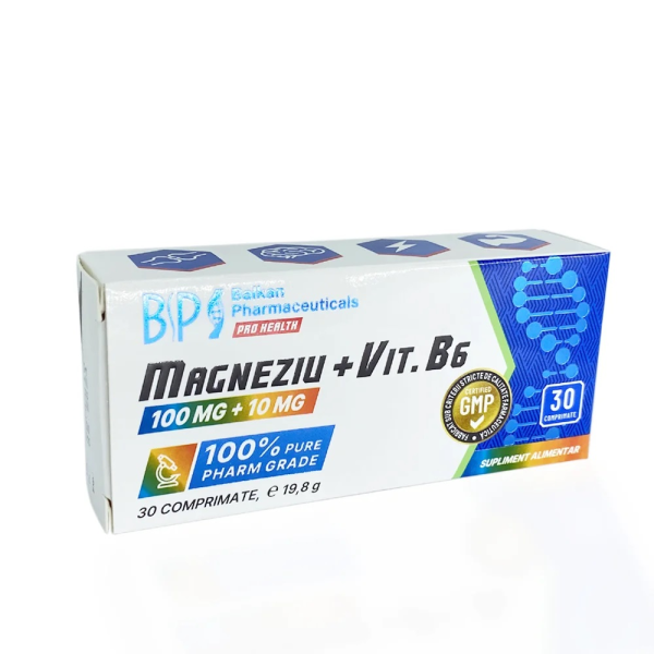 Magneziu 100 mg + Vitamina B6 10 mg, 30 comprimate, Balkan Pharmaceuticals