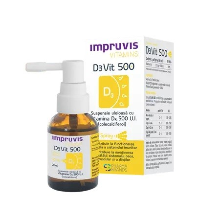 Suspensie uleioasa cu Vitamina D3 500 U.I. spray Impruvis D3Vit, 20 ml, Pharma Brands